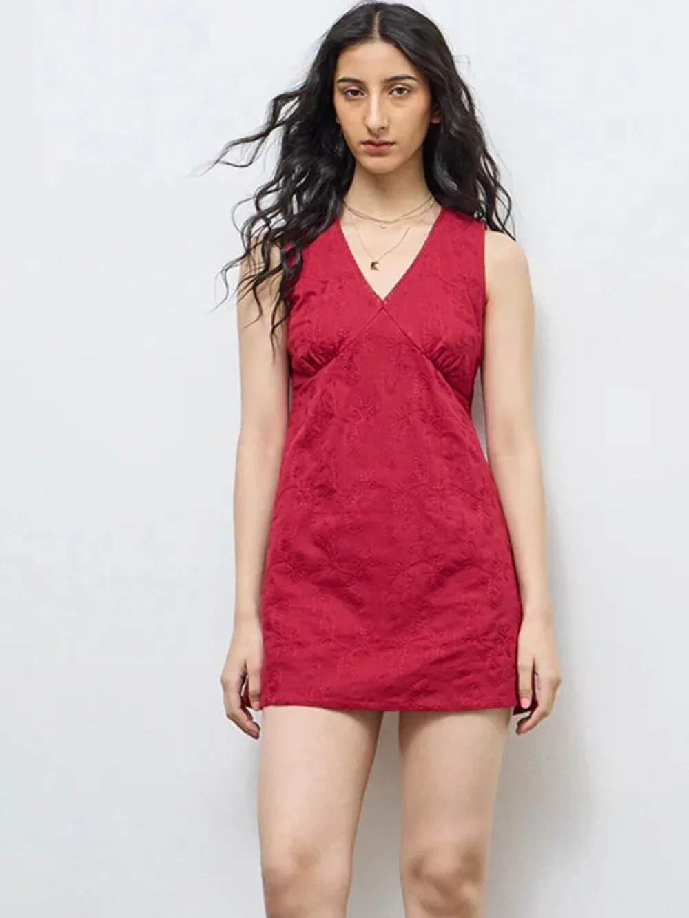 Red Floral Embroidered Cotton Dress